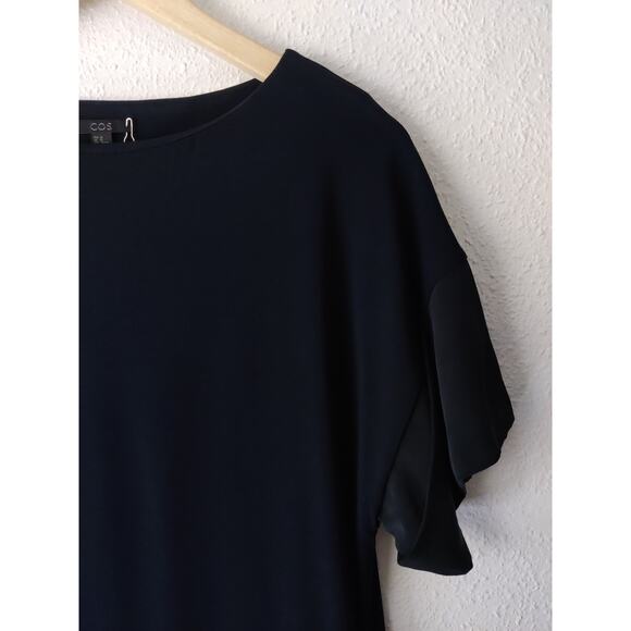 COS Navy Blue Short Flutter Sleeve Wide Round Neck Shift Jersey Dress XS NWT - Picture 4 of 11